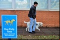 Descrição da Imagem: Nesta foto o profissional de TI Carlos e o cão-guia Chicó estão caminhando pela área externa da empresa próximo ao espaço reservado para cães-guia, um local gramado que serve como "banheiro" para eles. Ao fundo da foto há uma parede de tijolos à vista e grandes janelas de vidro com persianas. Mais próximo das lentes da câmera, há uma placa azul de sinalização com a ilustração de um cão-guia e os dizeres "Dog Potty Area, Espaço reservado para cães-guia".  -             Emídio Marques/Jornal Cruzeiro do Sul                        