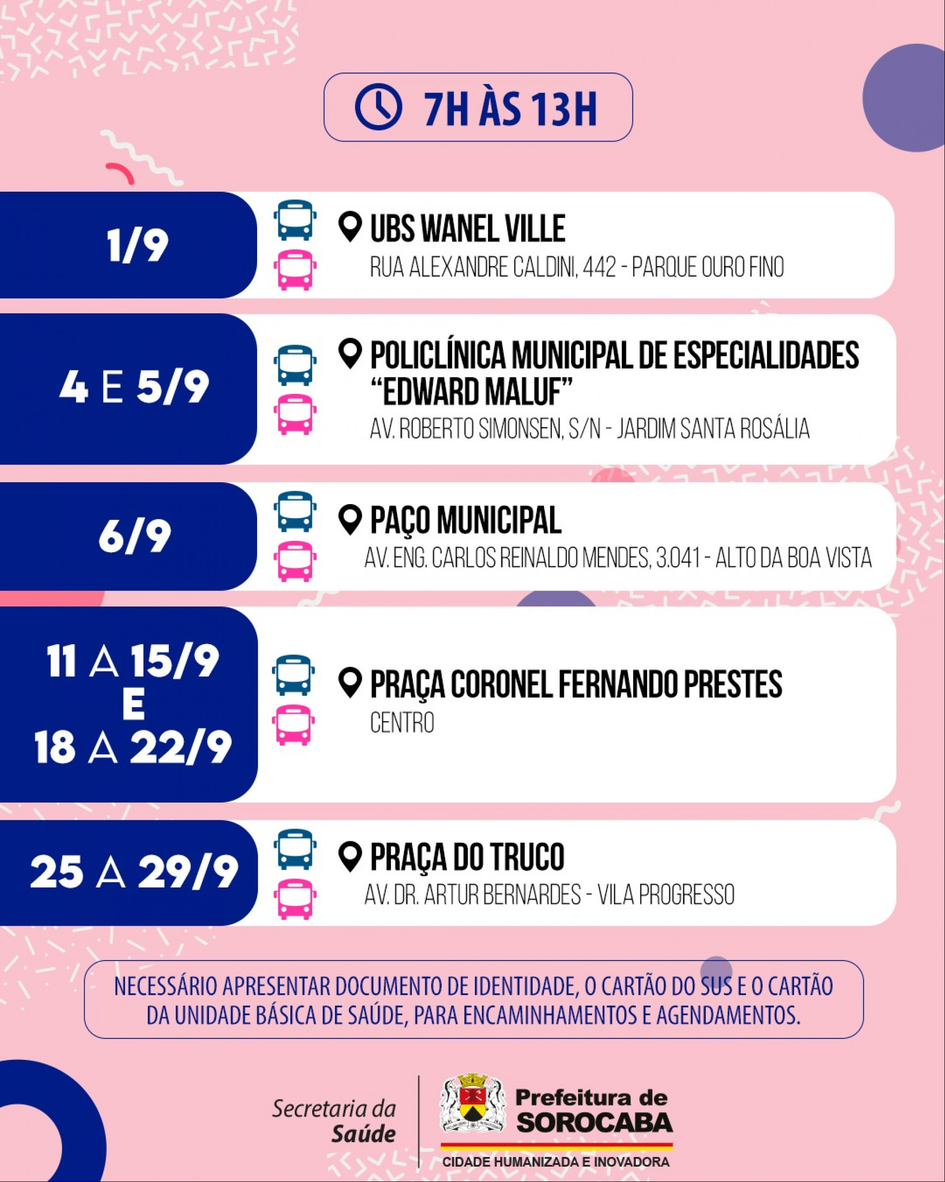 Agenda de setembro prevê atendimentos em quatro locais de Sorocaba